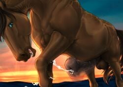 2025 animal_genitalia animal_penis balls blue_eyes bodily_fluids brown_balls brown_body brown_fur brown_mane brown_penis brown_tail cum cumshot dated dolero ejaculation equid equine equine_genitalia equine_penis erection feral fur genital_fluids genitals glistening glistening_eyes hi_res horse looking_at_viewer male male_feral mammal mane medial_ring open_mouth outside penis rufciu signature solo sunset tail vein veiny_penis