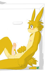 1boy abs anthro athletic balls big_ears blush carrot erection food humanoid_penis lagomorph looking_away male male_only mammal nipples nude penis precum price_tag rabbit reclining retracted_foreskin shadow side_view sitting solo uncut unseen_character vegetable whiteleo