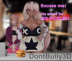 1boy 1boy1girl 1girl1boy 1girls 3d 3d_(artwork) angry angry_face azazel_(dont_bully) blender blender_(artwork) blender_(software) blonde_female blonde_hair cheeseburger clothed dark-skinned_female dark_skin dont_bully_(artist) fast_food fast_food_restaurant female femboy femboysub funny he_asked_for_no_pickles light-skinned_male light_skin male meme meme_reference no_sex platinum_blonde_hair shouting shy_male strawberry_blonde_hair verosika_mayday verosika_mayday_(helluva_boss)