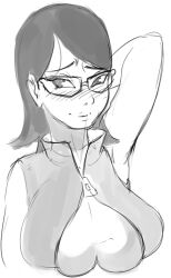 1girls armpit_fetish armpits arms_behind_head arms_up big_breasts black_and_white black_hair blush boruto:_naruto_next_generations breast_focus busty cleavage cleavage_cutout female female_focus female_only glasses hi_res high_resolution highres inner_sideboob ken17 large_breasts looking_at_viewer medium_hair monochrome naruto naruto_(series) nose_blush pinup presenting_breasts sarada_uchiha shoulder_length_hair shounen_jump skimpy skimpy_clothes sleeveless sleeveless_shirt solo solo_female solo_focus