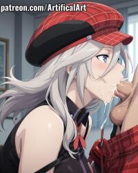 1boy 1girls ai_generated alisa_ilinichina_amiella artifical_art balls big_breasts blowjob blowjob_face blue_eyes blush cabbie_hat cum cum_in_mouth cum_in_pussy cum_inside cum_inside_mouth god_eater god_eater_burst hair_between_eyes hat light-skinned_female light_skin oral oral_creampie oral_penetration oral_sex penis penis_in_mouth plaid_hat plaid_skirt red_hat red_skirt russian_girl sex sleeveless sleeveless_shirt sliver_hair sucking sucking_penis watermark young_female