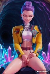 1girls ai_generated belt biting_own_lip black_nails bottomless closed_eyes crop_top cropped_jacket crystal earrings facing_viewer female female_masturbation hair_bun hi_res jacket jewelry k/da_(league_of_legends) kpop_demon_hunters lustboxai makeup masturbation nail_polish necklace netflix open_jacket purple_hair pussy rumi_(kpop_demon_hunters) shoulder_spikes single_hair_bun sitting smile solo sony_pictures_animation spikes spread_legs uncensored yellow_jacket
