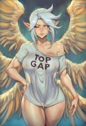 1girls ai_generated angel_wings ass big_ass big_breasts breasts child_bearing_hips curvaceous curvaceous_ass curvaceous_body curvaceous_female curvaceous_figure curvaceous_hips curvaceous_thighs curvy curvy_ass curvy_body curvy_female curvy_figure curvy_hips curvy_thighs dat_ass female female_focus female_only hand_on_hip humor jarvanai kayle large_ass league_of_legends looking_at_viewer nipples_visible_through_clothing pointy_ears pov riot_games smug solo solo_female solo_focus thick thick_ass thick_butt thick_hips thick_legs toned_female tshirt voluptuous voluptuous_female waifu white_hair wide_hips wings wink