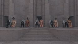 3d 5boys 5girls clothed_male_nude_female dark-skinned_female dark_skin female height_difference kneeling male mask multiple_boys multiple_girls nude_female original slavegirl spicebound