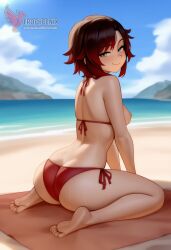 1girls 2d ai_generated ass back barefoot beach beachball big_ass big_breasts bikini black_bikini day erophoenix feet gradient_hair looking_at_viewer looking_back multicoloured_hair nipple_slip nipples outdoors pale_skinned_female patreon_username red_hair ruby_rose rwby short_hair sitting sky smile soles solo swimsuit two-tone_hair umbrella uncensored