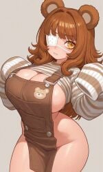 1girls ai_generated bear bear_ears bear_girl bottomless brown_hair clothes_lift eyepatch kosine1777 kosineverse no_panties oc original original_character overalls patchy_(kosine1777) pelvic_curtain raised_shirt_under_overalls sleeves_past_wrists striped_sweater yellow_eyes
