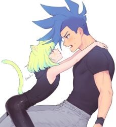 2boys blush cat_ears cat_tail catboy embarrassed femboy galo_thymos gay lio_fotia promare questionable_consent size_difference tight_clothing twink yaoi
