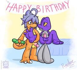 2boys alternate_color anthro anthrofied anus banner barefoot bed birthday charmander circumcised erection eye_contact fan_character front_view holding humanoid_penis leg_grab male male_only multiple_boys nintendo nude on_bed one_eye_closed penis pokémon_(species) pokemon raukue reclining scalie sex_toy signature sitting smile spread_legs spreading standing testicles treecko video_games wink worried