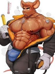 1boy abs animal_ears another_eidos-r arrow_(symbol) bara black_bodysuit blue_male_underwear blush bodysuit bulge calhoun_(another_eidos) commentary_request furry furry_male gloves goggles highres holding holding_removed_eyewear id_card male male_focus male_underwear miazuma_shouki mouse_boy mouse_ears mouse_tail muscular muscular_male navel nipples open_bodysuit open_clothes pectorals scar scar_on_face squiggle sweat tail thermometer underwear unworn_eyewear unworn_goggles white_background white_gloves