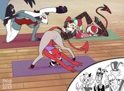 1girls 4_fingers 4_toes 5boys asmodeus_(helluva_boss) avian avian_demon avian_feet avian_humanoid bird_tail black_and_white_horns black_feathers blitzo_(helluva_boss) bulge crop_top cyborg cyborg_boy demon demon_boy demon_girl demon_horns demon_humanoid demon_tail digitigrade_legs fizzarolli_(helluva_boss) grey_feathers helluva_boss horns husband_and_wife imp jester jester_hat leotard millie_(helluva_boss) moxxie_(helluva_boss) paolaessegraphics purple_crop_top red_eyes red_leotard red_skin robot_arms robot_legs spread_legs stolas_(helluva_boss) stretching tagme tail thumbs_up twink two_tone_feathers white_hair yoga yoga_mat yoga_pose