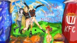 2boys1girl artist_collaboration big_penis bottomless bottomless_male cum cybergoth fast_food female half-dressed hamburger in_air kfc male male_focus mesmerizer_teto penis retinazer3 sneakers utauloid vingrar