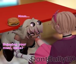 1boy 1boy1girl 1girl1boy 1girls 3d 3d_(artwork) azazel_(dont_bully) blender blender_(artwork) blender_(software) blonde_female blonde_hair blowjob blowjob_under_table cheeseburger clothed dark-skinned_female dark_skin dont_bully_(artist) fast_food fast_food_restaurant fellatio female femboy femboysub hung_femboy light-skinned_male light_skin male oral oral_sex platinum_blonde_hair public public_sex shy_male stealth_fellatio strawberry_blonde_hair under_table_oral under_the_table verosika_mayday verosika_mayday_(helluva_boss)