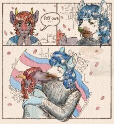 anthro blue_body blue_fur blue_hair bluefolf_(fursona) candy canid canine canis cherry_blossom chocolate comic dessert dialogue fish flower food fur gender_symbol hair implied_scat kissing lgbt_couple lgbt_pride male male/male mammal marine otaku plant pride_colors prunus_(flower) red_hair reynard_goodfellow simple_background sparkles speech_bubble symbol text trans_(lore) transgender_pride_colors transgender_symbol wolf