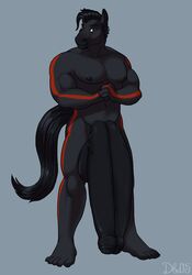 2015 anthro balls biceps big_balls big_penis black_fur danny_ashbeck_jr dbd_(artist) diphallia diphallism equine feet flaccid flexing full-length_portrait full_length fur hair huge_balls humanoid_penis hyper hyper_balls hyper_penis looking_at_viewer male male_only mammal multi_penis muscular nude penis portrait red_eyes solo standing stripe uncut