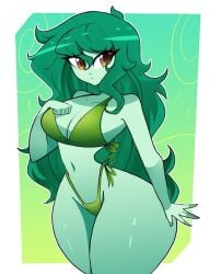 1girls 2025 2d 2d_(artwork) 5_fingers amber_eyes back-tie_bikini big_thighs bikini cleavage curvy equestria_girls fanart_from_twitter female green_background green_bikini green_body green_hair green_skin green_theme hasbro hourglass_figure human long_hair my_little_pony sad shiny_skin side-tie_panties solo thick_thighs twitter_link two-piece_swimsuit wallflower_blush_(eg) western_cartoon xan-gelx(xan)