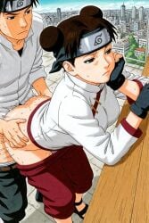 1boy 1girls ai_generated anon arm_support ass big_ass black_eyes black_hair bored bored_sex breasts brown_eyes brown_hair buildings city_background closed_mouth clothed_sex clothing double_bun faceless_male female female_focus fucked_from_behind fucked_silly gloves hair_bun half-closed_eyes hand_on_face head_rest konohagakure_symbol kunoichi male manga_style medium_breasts naruto naruto_(series) naruto_shippuden ninja no_panties nude outdoors pants pants_down partially_clothed penis pussy railing rooftop sandals sex shirt standing standing_sex straight tenten uncensored uninterested uninterested_sex unsatisfied village