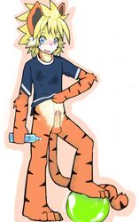 1boy anthro balls barefoot bottomless circumcised clothed clothing cute_fangs erection feline half-dressed hi_res humanoid_penis inviting looking_at_viewer male male_only mammal open_mouth penis precum shirt shirt_lift signature solo step_pose tiger whiskers whiteleo