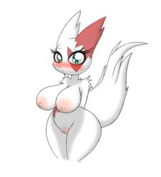 anthro big_breasts bit-small blush breasts cute female fluffy hi_res huge_breasts looking_at_viewer nintendo nipples pokemon pokemon_(species) pussy simple_background video_games wide_hips zangoose