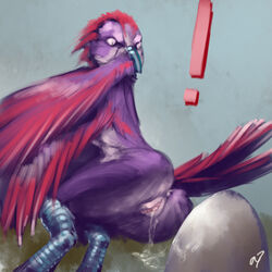 ! antar_dragon anthro anus ass avian bird egg egg_laying feathers female nude purple_feathers pussy pussy_juice simple_background solo wings