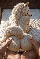 1boy 1girls 2025 ai_generated anthro anus arctic_wolf ass ass_grab bed breasts butt_grab canid canine claws cum cum_inside desertwolfman doggy_style female female_focus from_behind fur furry grin human interspecies looking_at_viewer looking_back looking_pleasured male male/female male_human/female_anthro male_pov mammal naked naked_female naked_male nipples nude nude_female nude_male on_fours penis pov pussy realistic rear_view sex sharp_teeth smile tagme vaginal_penetration vaginal_sex white_body white_fur wolf wolf_girl