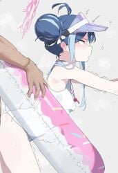 blue_archive blue_hair blush clothed_sex fubuki_(blue_archive) fubuki_(swimsuit)_(blue_archive) hair_bun implied_sex makkurourufu pool_float sex sex_from_behind swimsuit