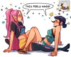 ! black_hair clothes_on heart kpop_demon_hunters lesbian_sex lesbianism mira_(kpop_demon_hunters) no_nudity pink_hair scissoring stars twitter_source wlw yuri zoemira zoey_(kpop_demon_hunters)