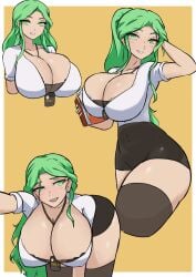 1girls bent_over big_breasts black_skirt black_thighhighs bottomwear breasts cleavage clothing female female_only fire_emblem fire_emblem:_three_houses green_eyes green_hair hair hips holding_object huge_breasts id_card in2naps long_hair multiple_views neckwear object_between_breasts office_clothing office_lady pencil_skirt rhea_(fire_emblem) shirt skirt smile solo solo_female thick_thighs thighhighs thighs topwear white_shirt wide_hips