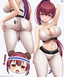 ! :o absurdres alternate_costume animal_ears arm_behind_head armanditto armpits arrow_through_heart ass bear_ears big_ass big_breasts breasts busty cleavage commentary cowboy_shot cropped_legs english_commentary female female_only fit_female hair_between_eyes hand_on_own_ass heterochromia high_ponytail highres hololive houshou_marine large_breasts long_hair looking_at_viewer midriff multicolored_hair multiple_views navel oerba_yun_fang open_mouth pants parted_lips ponytail posing purple_hair red_eyes red_hair smile solo solo_female sports_bra standing streaked_hair sweatband twitter_username two-tone_hair v-shaped_eyebrows very_long_hair virtual_youtuber voluptuous voluptuous_female white_pants white_sports_bra yellow_eyes yoga_pants
