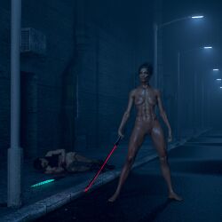 2girls 3d abs after_fight blood brown-skinned_female brown_skin completely_nude completely_nude_female cyberpunk_2077 daz_studio female females_only nude nude_female o97t5s panam_palmer sword