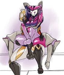 balls big_penis bodysuit breasts duo ember_(warframe) featureless_breasts futa_on_futa futanari hands_behind_head hi_res intersex lewdreaper mirage_(warframe) penetration penis precum sex tenno thick_thighs warframe