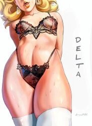 blonde_female blonde_hair blonde_hair boruto:_naruto_next_generations boruto:_two_blue_vortex bra delta_(boruto) drawink earrings lingerie lingerie_bra lingerie_only lingerie_panties lipstick midriff naruto_(series) panties partially_clothed partially_nude stockings_(marking) sweatdrop thick_thighs thighs underwear