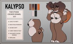 absurd_res anthro bird_dog black_nipples breasts brown_body brown_hair canid canine canis claws cocker_spaniel collar colour_fade domestic domestic_dog eyelashes female full-length_portrait hair hi_res hunting_dog leg_tattoo long_ears mammal model_sheet narrowed_eyes nipple_piercing nipples nonbinary_(lore) orange_eyes overweight pattern_background paws piercing portrait short_tail side_view simple_background smile solo spaniel squint standing tail tattoo teeth text thick_thighs three-quarter_view tongue tongue_piercing white_paws zombieyvalia