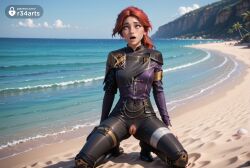 1girls ai_generated artist_name beach black_pants blue_eyes clair_obscur:_expedition_33 day female hi_res kneeling long_hair long_sleeves maelle_(clair_obscur:_expedition_33) ocean open_mouth outdoors palm_tree pants pussy r34arts red_hair sand shell sky solo teeth torn_clothes torn_pants tree uncensored water