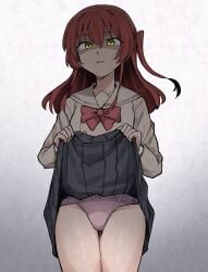 1girls 2020s 2023 black_skirt bocchi_the_rock! bow bowtie clothes_lift cowboy_shot disgust female frown glaring green_eyes hi_res iya_na_kao_sare_nagara_opantsu_misete_moraitai kita_ikuyo lifting_own_clothes light-skinned_female light_skin long_hair long_sleeves looking_at_viewer miniskirt one_side_up open_mouth pleated_skirt red_bow red_bowtie red_hair sailor_collar school_uniform schoolgirl shirt shuka_high_school_uniform skirt skirt_lift solo standing teenage_girl teenager toriyarou white_sailor_collar white_shirt young young_female