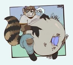 anthro belly belly_fucking big_belly bloated blue_bottomwear blue_clothing blue_pants bottomwear brown_body brown_fur burping clothing creepsterrr denim denim_bottomwear denim_clothing disembodied_penis fluffy fluffy_tail fur genitals hand_on_belly hi_res huge_belly jeans looking_pleasured male mammal markings motion_lines navel navel_fetish navel_penetration onomatopoeia pants penetration penis penis_in_navel procyonid raccoon rumbling_stomach shirt sitting sloshing_belly solo sound_effects striped_markings striped_tail stripes tail tail_markings text topwear torn_bottomwear torn_clothing torn_jeans torn_pants white_clothing white_shirt white_topwear