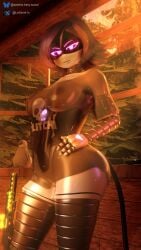 1girls 4_fingers absurd_res athletic athletic_female big_breasts blush breasts clothed clothing embarrassed female female_only fingers glitch_productions glowing glowing_body glowing_eyes glowing_markings hair hi_res humanoid machine markings murder_drones nipples partially_clothed purple_eyes purple_hair purple_nipples robot robot_humanoid samtrix solo standing swimwear tail thick_thighs translucent uzi_(murder_drones) white_body