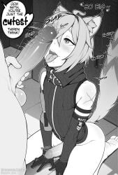 2boys absurdres ahoge animal_ear_fluff animal_ears armpit_crease bare_shoulders barefoot bishounen blush bottomless commentary covered_nipples crossed_bangs dated elbow_gloves english_commentary english_text erection eyelashes gay gay_male girthy_penis gloves greyscale hair_between_eyes highres indoors looking_at_another male medium_hair monochrome multiple_boys on_ground open_mouth original penis penis_awe penis_on_face precum precum_drip saliva scar scar_on_arm seth_lowell shadow sidelocks skibby sleeveless soles soskibby speech_bubble tail toes tongue tongue_out twitter_username veins veiny_penis yaoi zenless_zone_zero