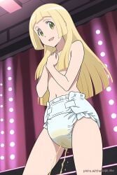 ai_generated blonde_hair breasts covered_nipples diaper diaper_fetish diaper_only female full_diaper hair_covering_breasts lillie_(pokemon) lv99slime medium_breasts naked naked_female nude nude_female on_stage peeing peeing_diaper peeing_self pokemon wet_diaper