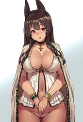 1girls animal_ears ankh anubis_(houtengeki) ass_visible_through_thighs breasts brown_hair choker cleavage egyptian female houtengeki large_breasts long_hair navel panties pendant red_eyes solo standing thigh_gap