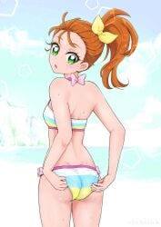 1girls 2020s 2021 adjusting_clothes adjusting_swimsuit ass bare_shoulders beach bikini boh_stick bow brown_hair butt_crack cliff cowboy_shot day female from_behind green_eyes hairbow hi_res light-skinned_female light_skin long_hair natsuumi_manatsu official_alternate_costume open_mouth outdoors ponytail precure pretty_cure shoulder_blades solo standing striped_bikini striped_clothes swimsuit teenage_ass teenage_girl teenager thighs toei_animation tropical-rouge!_precure twitter_username wet yellow_bow young young_female
