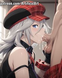 1boy 1girls ai_generated alisa_ilinichina_amiella artifical_art balls big_breasts blowjob blowjob_face blue_eyes blush cabbie_hat cum cum_in_mouth cum_in_pussy cum_inside cum_inside_mouth god_eater god_eater_burst hair_between_eyes hat light-skinned_female light_skin oral oral_creampie oral_penetration oral_sex penis penis_in_mouth plaid_hat plaid_skirt red_hat red_skirt russian_girl sex sleeveless sleeveless_shirt sliver_hair sucking sucking_penis watermark young_female
