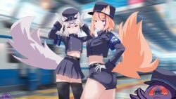 2girls animal_ear_fluff animal_ears belt black_headwear black_legwear black_shorts blue_archive blurry blurry_background central_control_center_(blue_archive) cosplay crop_top depth_of_field female filian_(vtuber) fox_ears fox_tail gloves hat highlander_railroad_academy_student highlander_supervision_office_(blue_archive) hikari_(blue_archive) jacket long_hair long_sleeves looking_at_viewer midriff multiple_girls navel nozomi_(blue_archive) peaked_cap red_eyes short_shorts shorts skirt smile squchan_(vtuber) tail thighhighs vyugen white_gloves