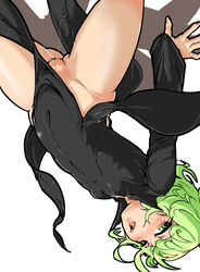 1girls black_dress covered_navel covered_nipples curly_hair dress female female_only green_eyes green_hair mersoleil03 no_panties one-punch_man pussy pussy_juice short_hair small_breasts solo tatsumaki upside-down