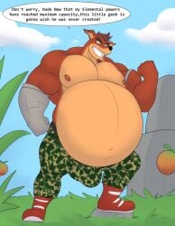 1boy activision anthro bandicoot belly belly_inflation big_belly bloated blue_eyes bottomwear bulge clothing crash_(series) crunch_bandicoot cybernetic_arm cybernetic_limb detailed_bulge dialogue english_text fur genital_outline hi_res huge_belly inflation male male_only mammal marsupial musclegut muscular muscular_arms muscular_male nipples orange_body orange_fur pants pecs penis penis_outline solo tan_body tan_fur text unrealrui