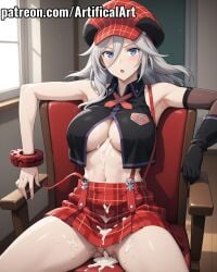 1girls ai_generated alisa_ilinichina_amiella artifical_art big_breasts blue_eyes blush cabbie_hat clitoris cum cum_in_pussy cum_on_belly cum_on_body cum_on_breasts god_eater god_eater_burst hair_between_eyes hat light-skinned_female light_skin plaid_hat plaid_skirt presenting_pussy pussy red_hat red_skirt russian_girl sleeveless sleeveless_shirt sliver_hair solo spread_legs watermark young_female