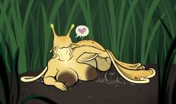 anthro areola banana_slug big_breasts big_nipples breasts dirt eyeless female freckles gastropod grass heart_symbol hi_res inviting inviting_under_covers inviting_viewer lying lying_on_ground markings micro mole_(marking) mollusk nipples on_front on_ground plant puffy_areola puffy_nipples saucywench slightly_chubby slightly_chubby_female slime slug solo speech_bubble