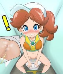 ! anus ass bare_legs blue_eyes blush bottomless bra brown_hair clitoris dirty_ass earrings embarrassed eyelashes fart female flower_earrings groin hat huge_ass jewelry legs looking_at_viewer mario_(series) mario_kart mario_kart_world nervous nintendo peeing perineum ponytail pov princess princess_daisy public_restroom pussy shorts sitting sniffable_ass stained_swimsuit surpried swimsuit toilet toilet_use tomboy underwear young young_female