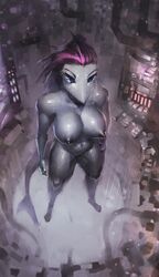 anthro big_breasts blue_eyes breasts female fish hair hi_res huge_breasts marine nipples nude pose purple_hair shark solo zeusdex