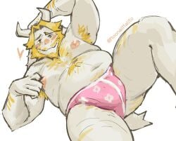 1boy anthro anthro_only armpit_hair armpits asgore_dreemurr beard belly belly_button blonde_hair blush briefs briefs_only bulge bulge_through_clothing cute dad_bod dilf facial_hair furry goat hairy horns looking_at_viewer male male_only mammal moobs moonelmalito muscular muscular_male nipples smiling solo solo_focus spread_legs tagme tail thick_thighs topless undertale undertale_(series) underwear underwear_only white_hair