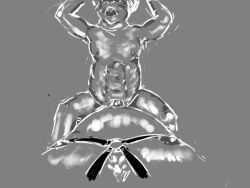 2021 anthro bondage bondage bound digital_media_(artwork) duo fur genitals grey_background harness jeri_kleinlowe male male/male mammal monochrome mouse murid murine muscular nude penis rodent simple_background size_difference stomach_bulge
